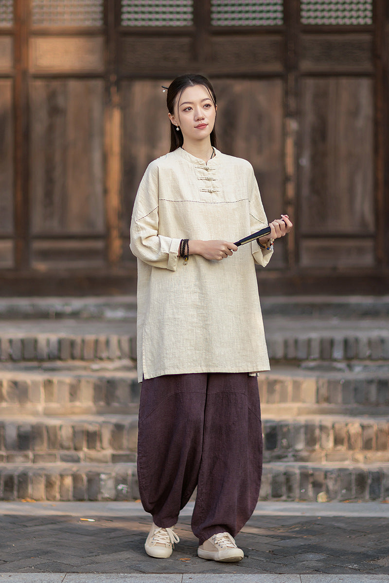 2026 Spring Retro Mandarin Collar Button-Down Cotton-Linen Blouse for Women: Chinese-Style Zen-Inspired Tea Ceremony Pullover, Ramie Stand-Up Collar Long-Sleeve Shirt