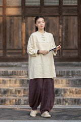 2026 Spring Retro Mandarin Collar Button-Down Cotton-Linen Blouse for Women: Chinese-Style Zen-Inspired Tea Ceremony Pullover, Ramie Stand-Up Collar Long-Sleeve Shirt