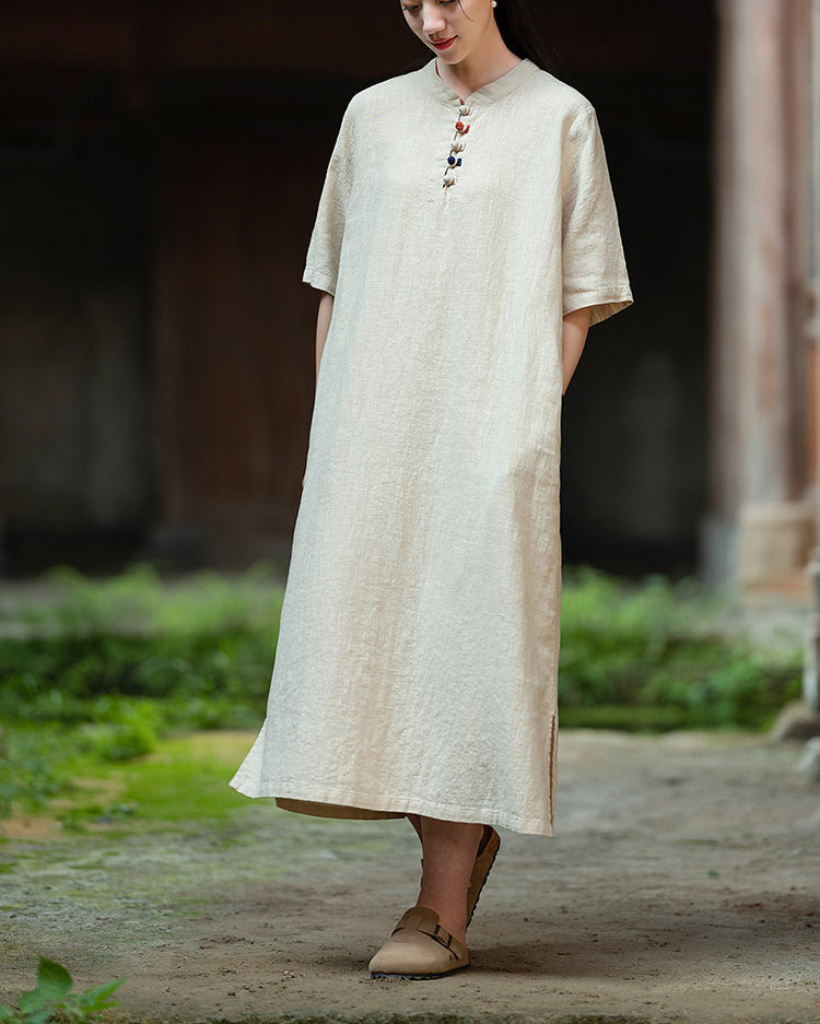 Cotton linen dress, summer new Chinese stand-up collar frog button dress 20240727