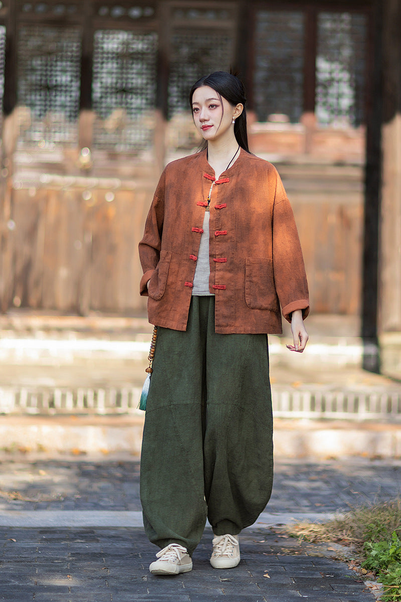 2026 Spring New Arrival: Vintage-inspired, distressed, sand-washed asymmetrical top; niche-style patchwork V-neck cotton-linen button-down cardigan