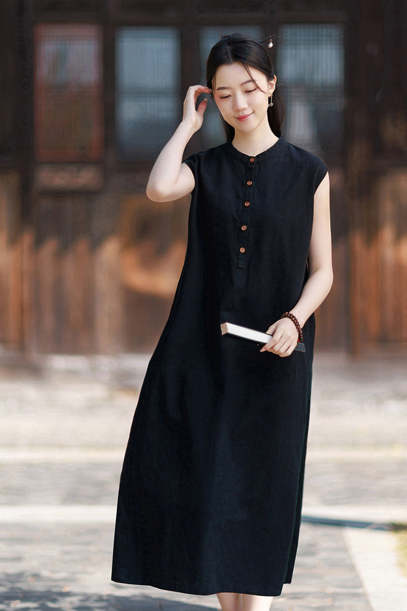 2026 Summer Women's Boho-Chic Dress: Loose-Fit, Sand-Washed Ramie Mid-Length Dress with a Zen-Inspired Aesthetic