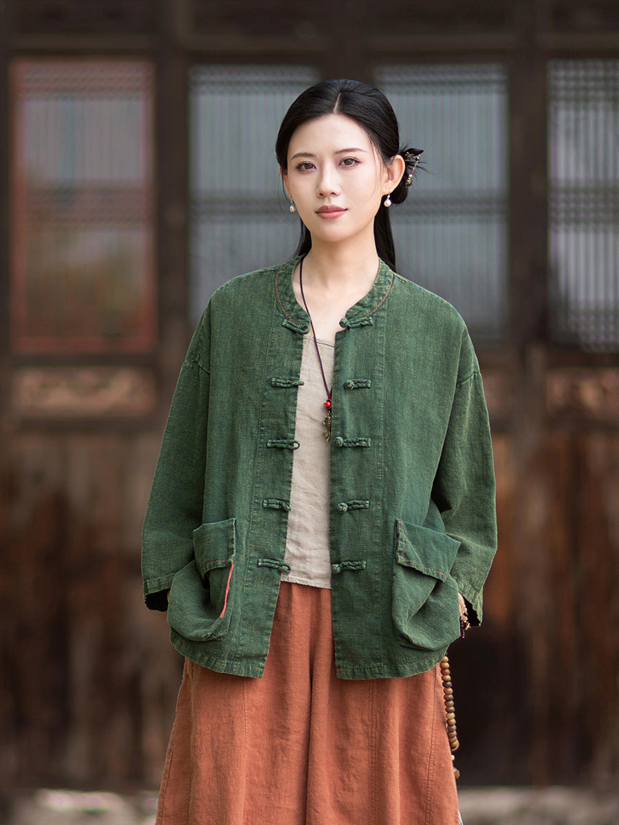 Summer New Arrival: Original Linen Hand-Knotted Button-Down Shirt with Large Pockets for Women – Vintage Distressed Jacket 20260511