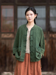 Summer New Arrival: Original Linen Hand-Knotted Button-Down Shirt with Large Pockets for Women – Vintage Distressed Jacket 20260511