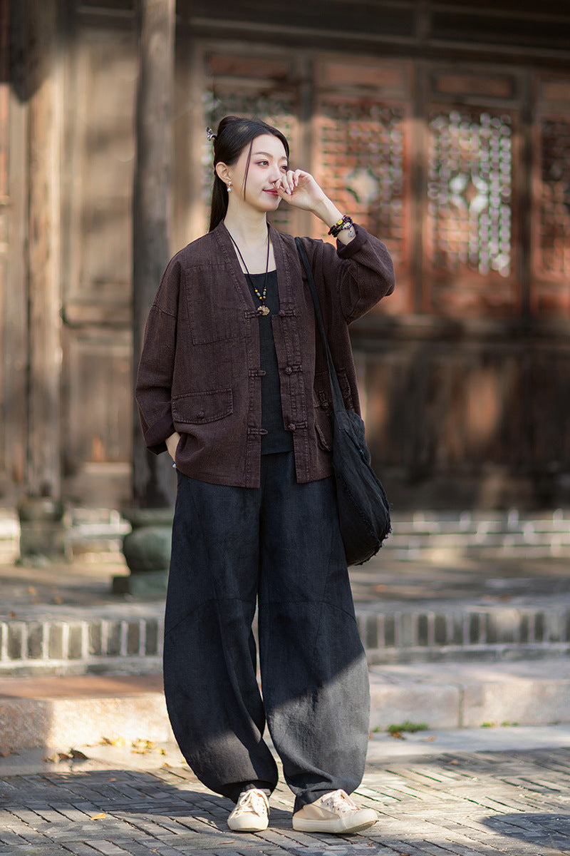 2026 Spring New Arrival: Vintage-inspired, distressed, sand-washed asymmetrical cardigan; niche-style patchwork V-neck cotton-linen jacket with button closures