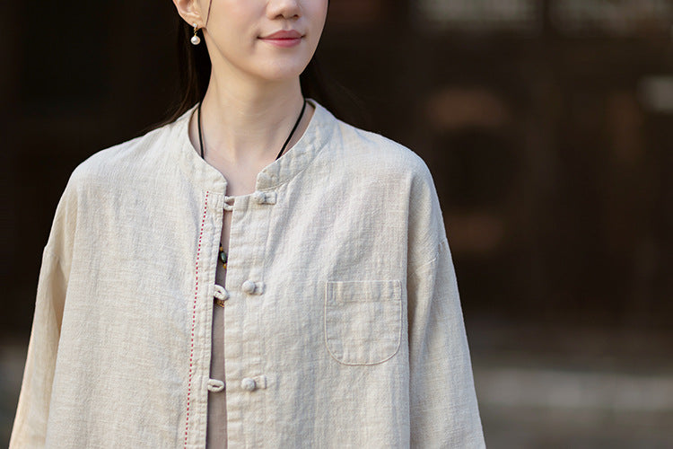 2026 Spring Cotton-Linen Women's New Chinese-Style Ramie Blouse, Loose-Fitting Cotton-Linen Button-Down Shirt with Chinese-Style Buttons, Modernized Tang-Style Jacket