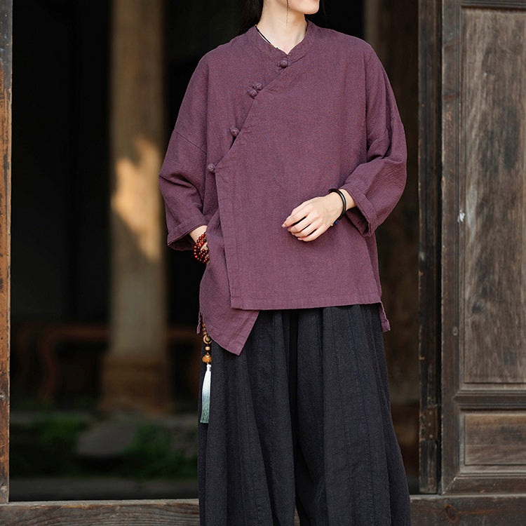 Women's Vintage Chinese Frog Button Long Sleeve Cotton Linen Shirt, Embroidery Standing Collar Splicing Irregular Loose Blouse 20240920