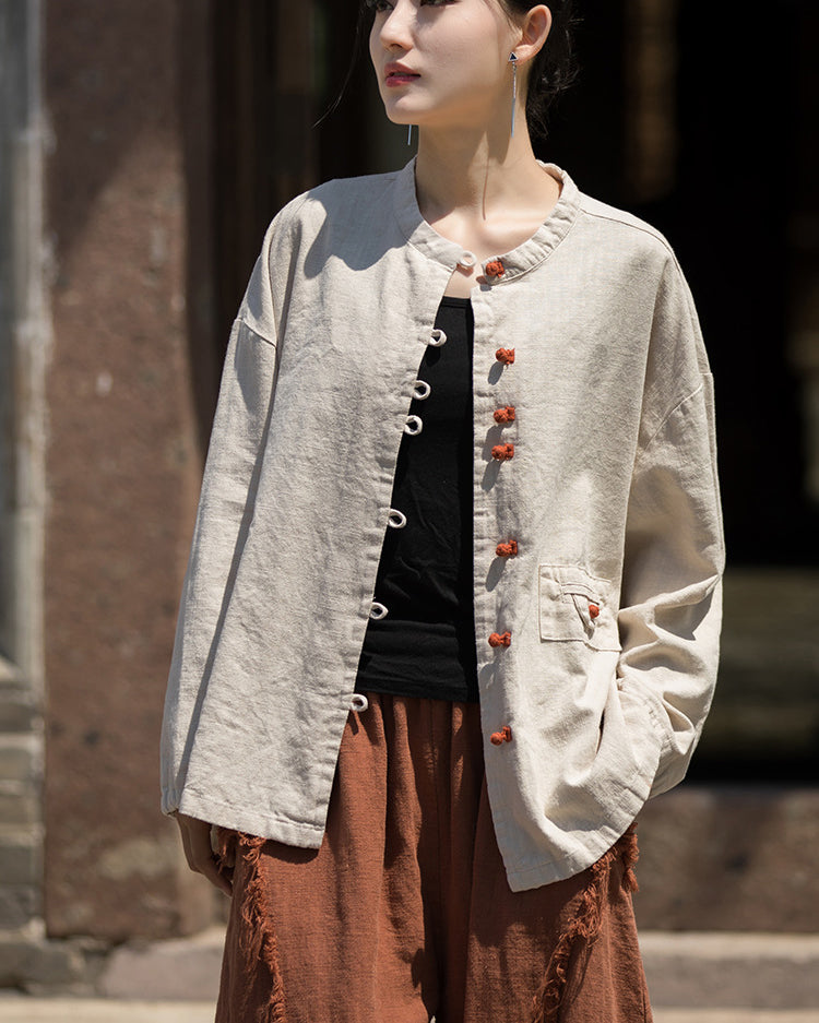 Summer cotton linen Chinese stand-up collar shirt, sandwashed frog button women's long-sleeved shirt 20240714