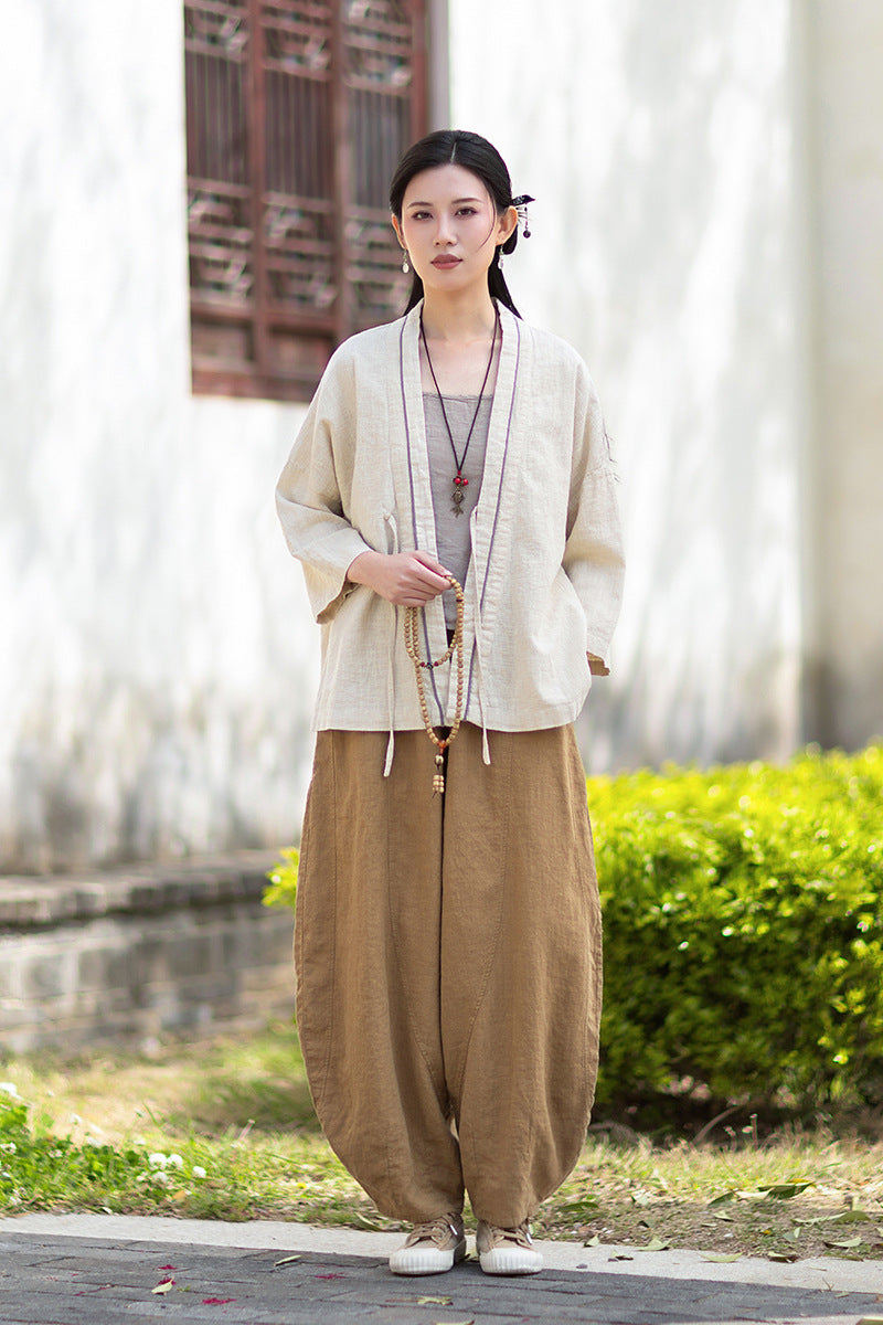 New Cotton-Linen Women's Vintage Zen-Inspired Ramie Tapered-Sleeve Tie-Front Cardigan, Loose-Fit Chinese-Style Jacket 20260511