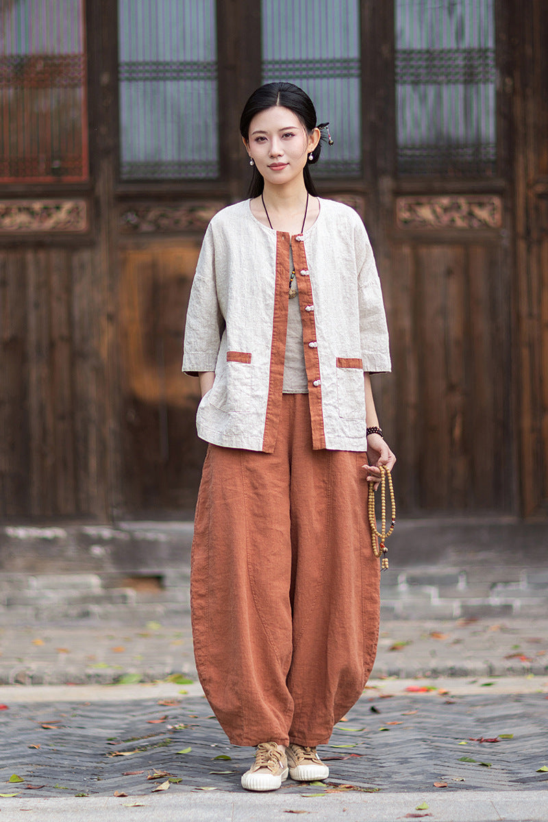 New New Chinese-Style Design: Comfortable, Lightweight Linen Top with Color-Blocked Patchwork and Button-Front Cardigan 20260511