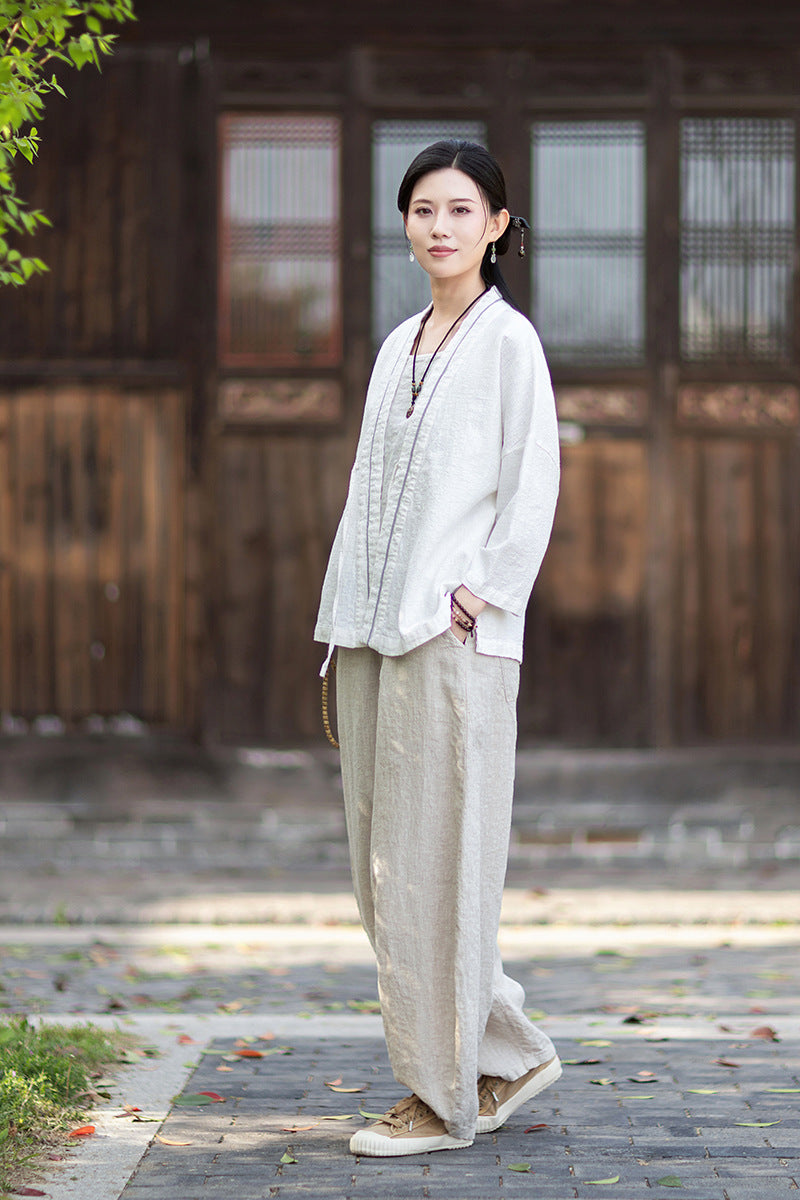 New Cotton-Linen Women's Vintage Zen-Inspired Ramie Tapered-Sleeve Tie-Front Cardigan, Loose-Fit Chinese-Style Jacket 20260511