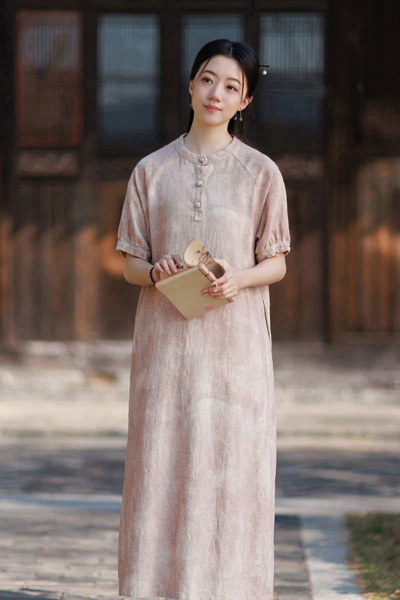 2026 Summer Ramie New Chinese-Style Modified Maxi Dress, French-Style Puffed-Sleeve Maxi Dress