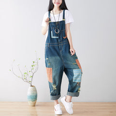 Patchwork stonewashed cotton overalls, women's denim washed overalls