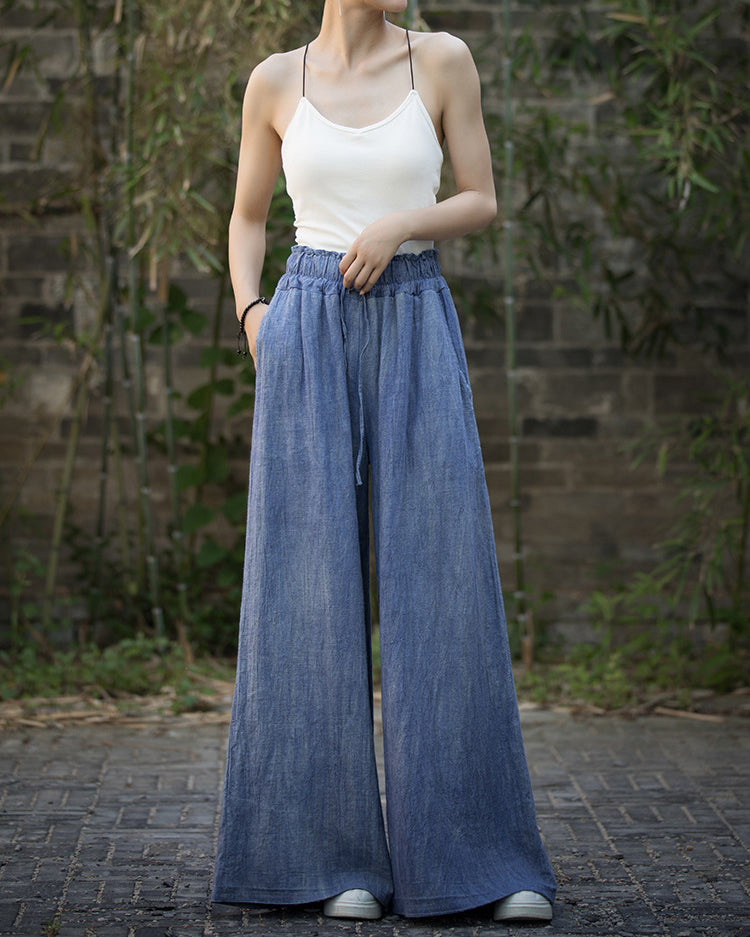 Ramie Handmade Tie-Dye Tied Mid-Waist Wide-Leg Pants, Vintage Elastic Waist Casual Trousers 20240722