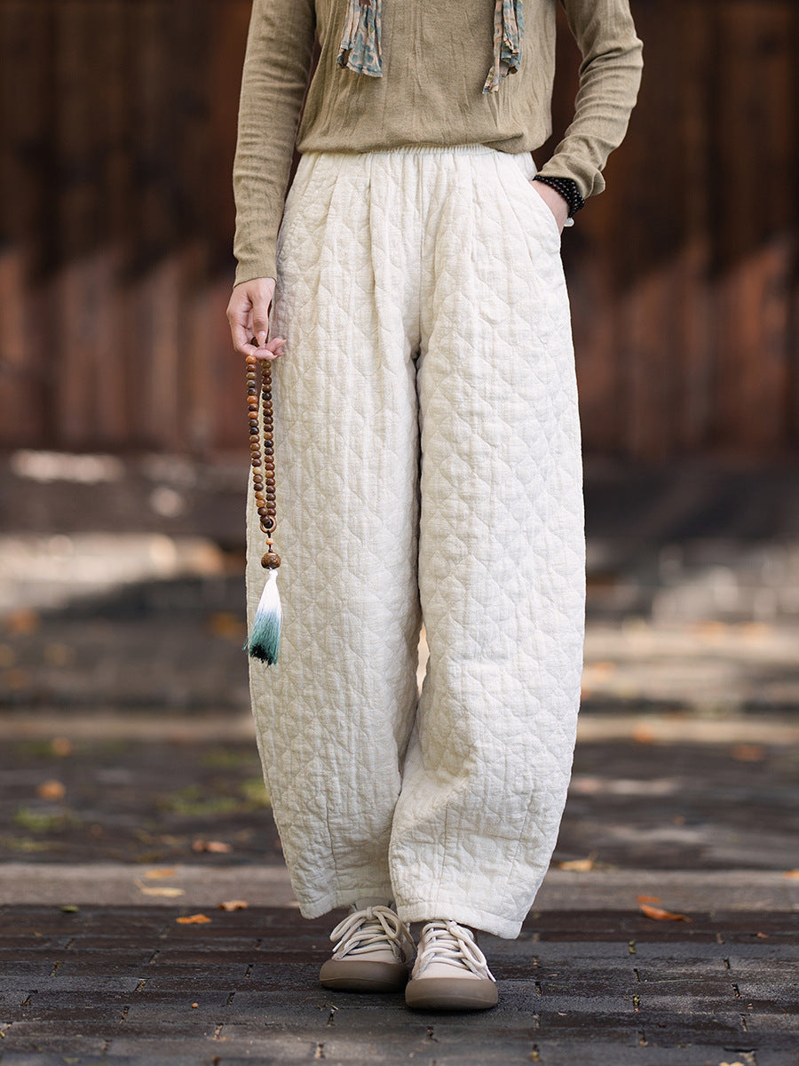 2026 Winter New Arrival: Artistic, Retro, and Zen-Inspired Women's Cotton-Padded Pants for Outdoor Wear—Warm, Cold-Resistant, with Elastic Waist and Bell-Bottom Design