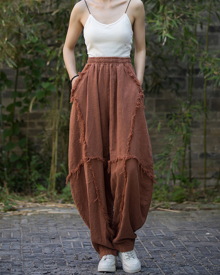 Ramie Stone Washed Mid-Waist Wide Leg Pants, Vintage Elastic Waist Casual Harlem Pants 20240722