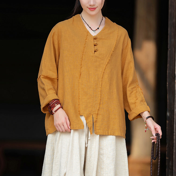 Woman Vintage Chinese Long Sleeve Cotton Linen Shirt with Embroidery V-Neck Loose Top 20240920