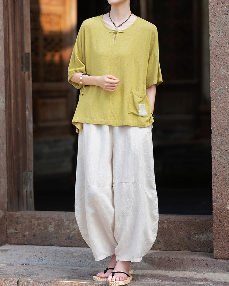 Frog button V-neck patchwork cotton  linen T-shirt, summer Chinese retro women sandwashed loose cotton  linen T-shirt 20240728