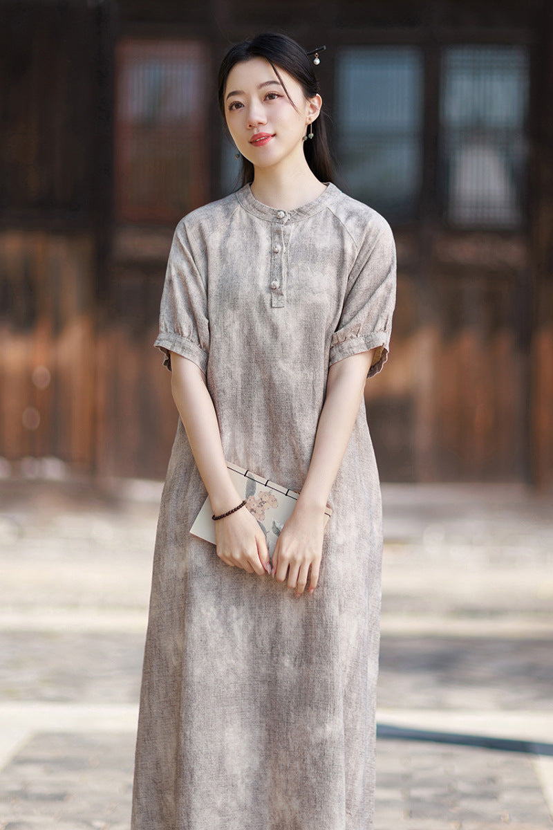 2026 Summer Ramie New Chinese-Style Modified Maxi Dress, French-Style Puffed-Sleeve Maxi Dress