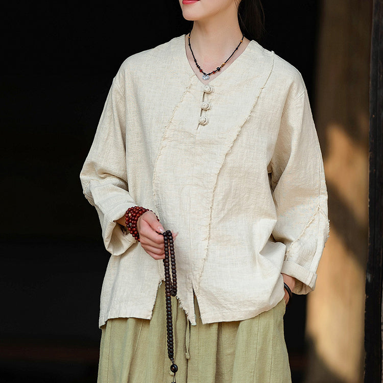 Woman Vintage Chinese Long Sleeve Cotton Linen Shirt with Embroidery V-Neck Loose Top 20240920