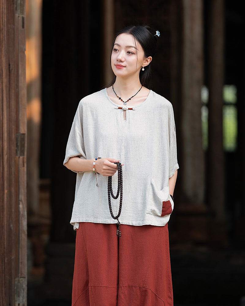 Frog button V-neck patchwork cotton  linen T-shirt, summer Chinese retro women sandwashed loose cotton  linen T-shirt 20240728