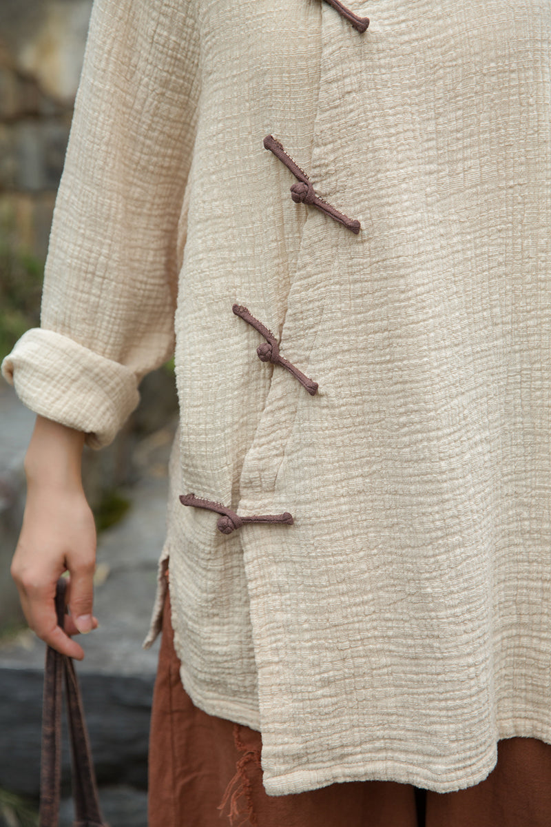 Vintage Summer Chinese Boat Collar Long Sleeve Shirt, Cotton  Linen Washed Frog Long T-Shirt 20250604