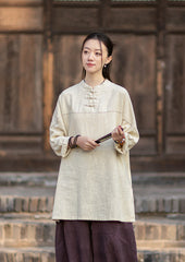 2026 Spring Retro Mandarin Collar Button-Down Cotton-Linen Blouse for Women: Chinese-Style Zen-Inspired Tea Ceremony Pullover, Ramie Stand-Up Collar Long-Sleeve Shirt