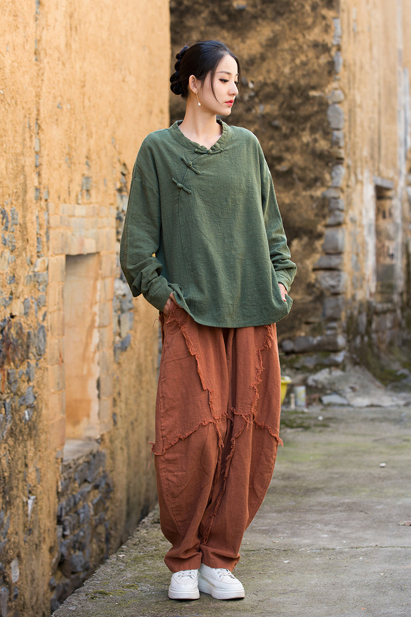Long Sleeve Standing Collar Cotton Linen Frog Button Shirt, Vintage Chinese Casual Shirt 20250604