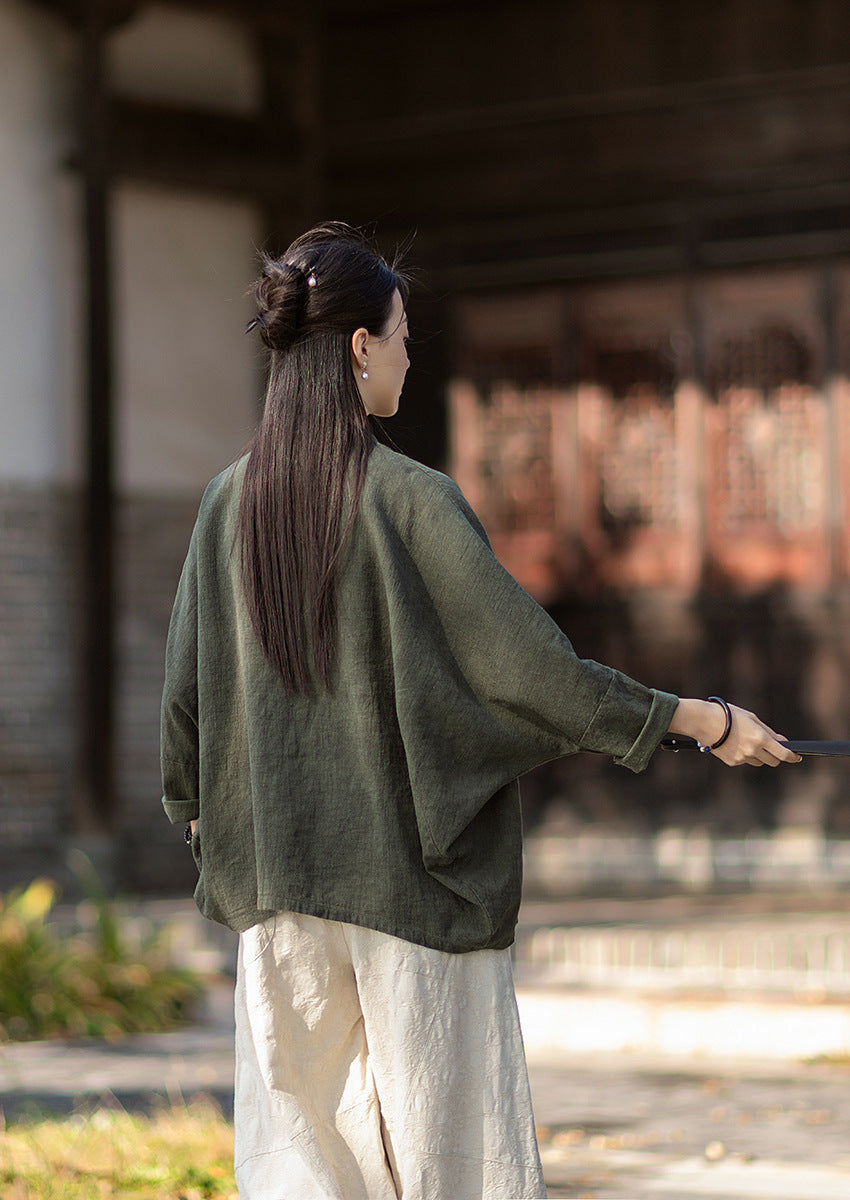 2026 Spring New Arrival: Original Cotton-Ramie Shirt for Women, Vintage Stand-Up Collar Ombré Chinese-Style Wrap-Front Cardigan