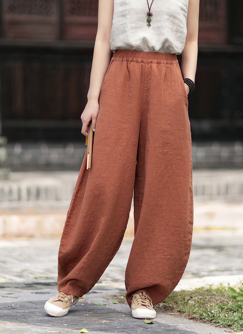 Summer Loose-Fit Zen-Inspired Boho Retro Elastic Waist Slimming Drapey Casual Pants Linen Bell-Bottom Pants 20260511