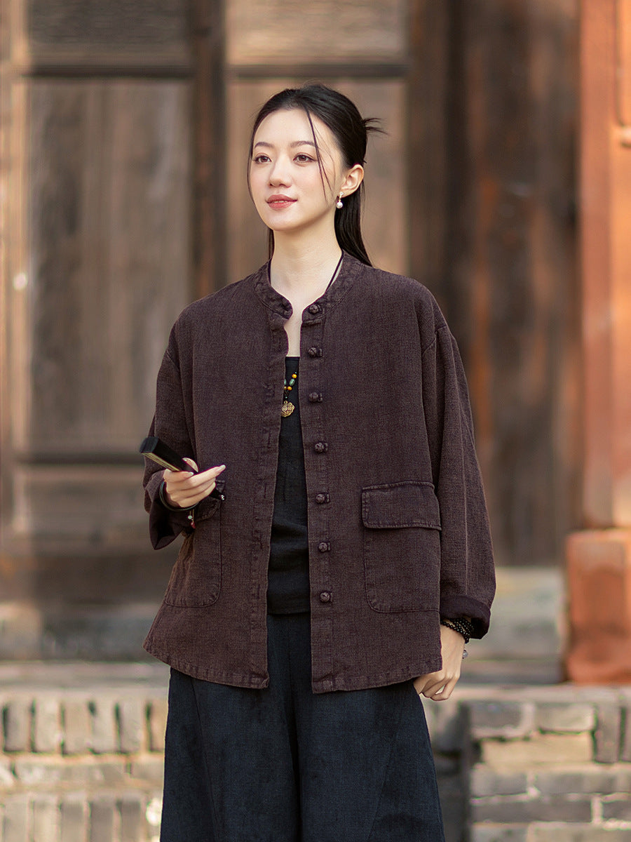 2026 Spring New Arrival: Boho-Retro Stand-Collar Distressed Double-Breasted Button-Down Cotton-Linen Blouse for Women