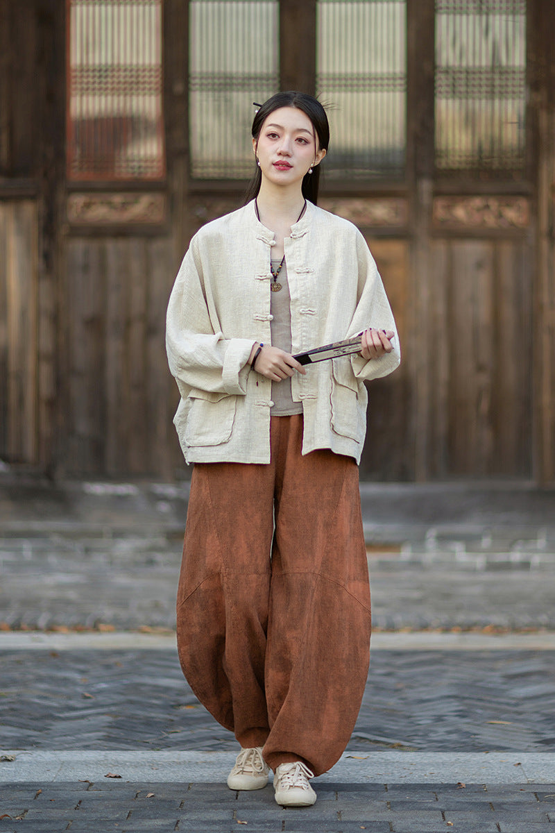 2026 Spring New Arrival: Original Vintage-Inspired Linen-Cotton Women's Cardigan, Loose-Fit Jacket with Stand-Up Collar and Button Closure