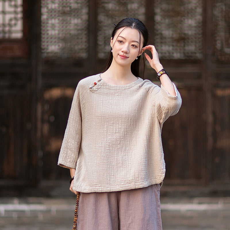 2026 Spring New Arrival: Retro-Chic Cotton-Linen Women's Round-Neck Color-Blocked Button-Down Blouse, Pullover T-Shirt