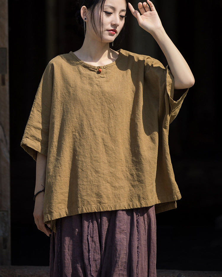 Summer Cotton Chinese t-shirt,Ramie Sand Washed Plate Button Women's Short Sleeve T-Shirt 20240714