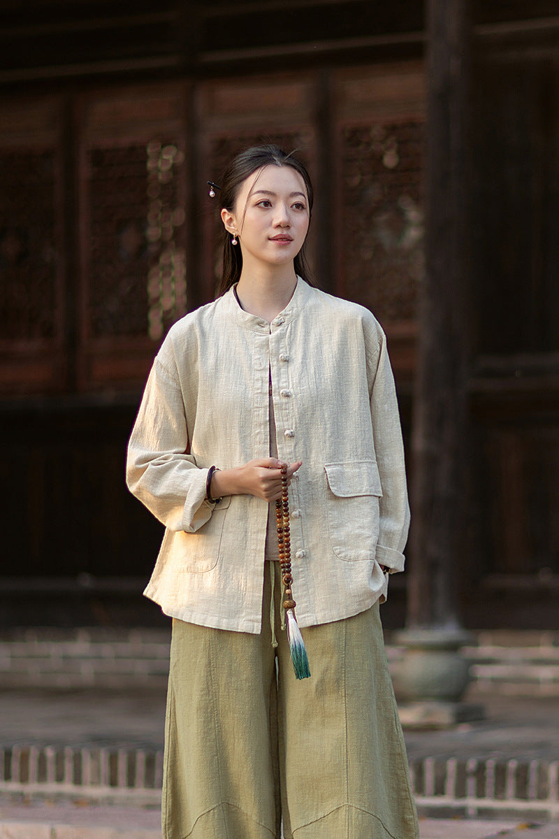 2026 Spring New Arrival: Boho-Retro Stand-Collar Distressed Double-Breasted Button-Down Cotton-Linen Blouse for Women
