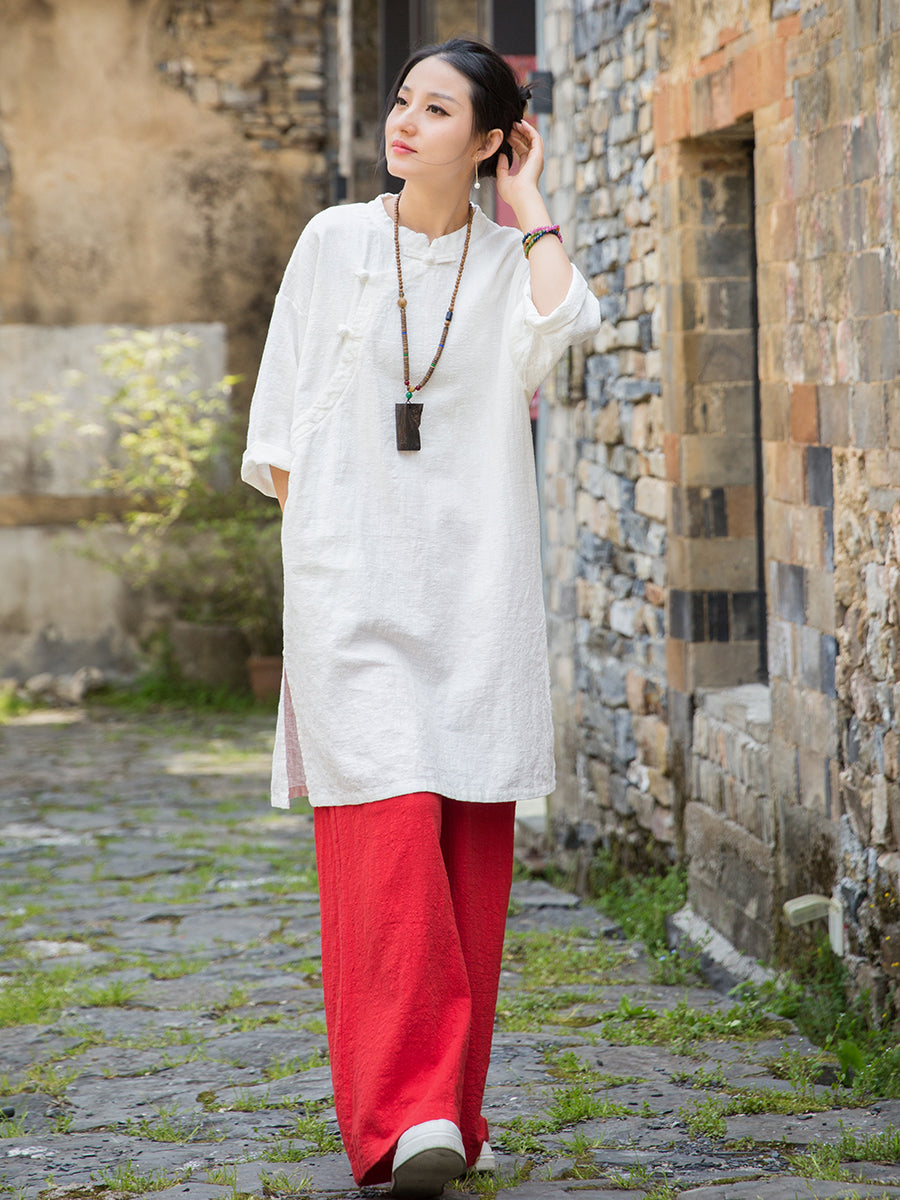 Women's summer Chinese loose frog button cheongsam, retro cotton  linen casual long shirt20250604