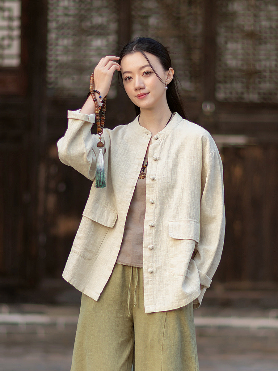 2026 Spring New Arrival: Boho-Retro Stand-Collar Distressed Double-Breasted Button-Down Cotton-Linen Blouse for Women