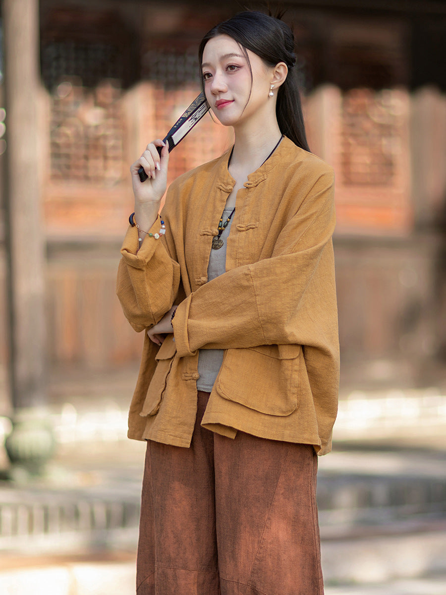 2026 Spring New Arrival: Original Vintage-Inspired Linen-Cotton Women's Cardigan, Loose-Fit Jacket with Stand-Up Collar and Button Closure
