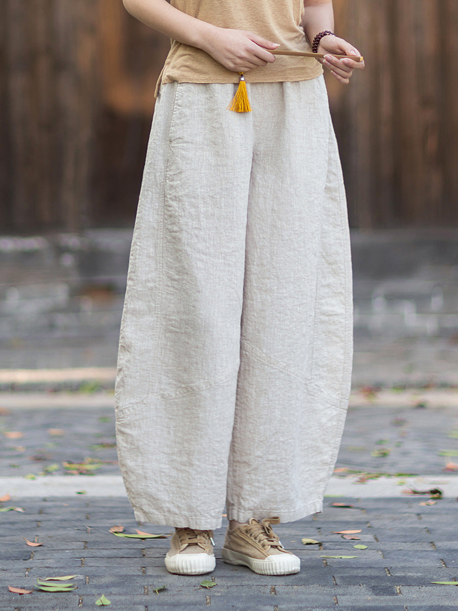 New Summer Arrival: Women's Artistic-Style Lightweight Linen Casual Pants with Elastic Waistband, Sandwashed, Distressed, Patchwork, and Cropped Bell-Bottom Design 20260511