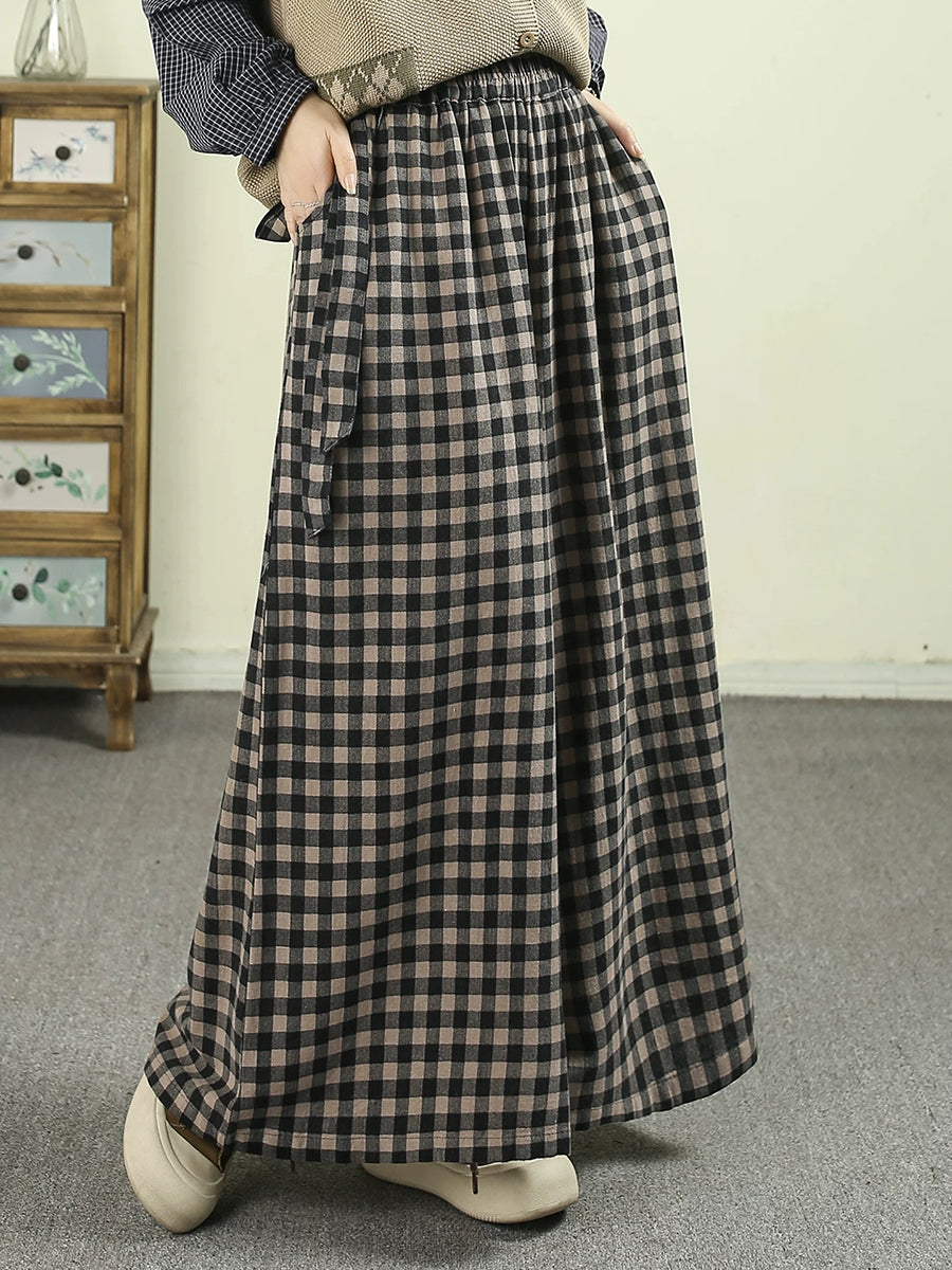 Loose-fitting cotton plaid wide-leg pants， Spring Vintage Plaid Wide-leg Pants