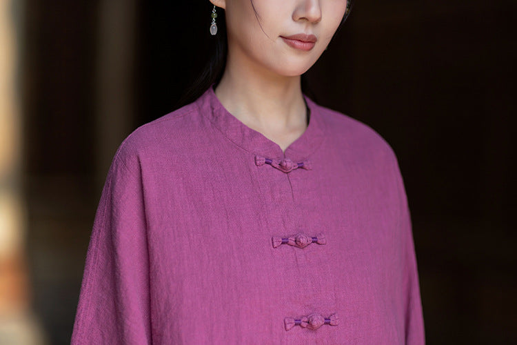 New Chinese-Style Loose-Fit Women's Shirt: Ramie Distressed Mandarin-Collared Modified Tang-Style Cardigan 20260511