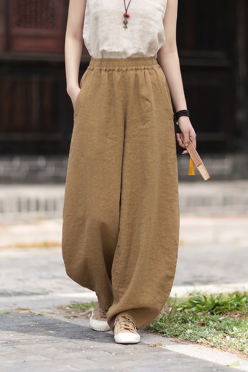 Summer Loose-Fit Zen-Inspired Boho Retro Elastic Waist Slimming Drapey Casual Pants Linen Bell-Bottom Pants 20260511