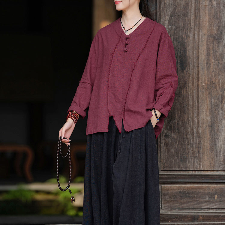 Woman Vintage Chinese Long Sleeve Cotton Linen Shirt with Embroidery V-Neck Loose Top 20240920