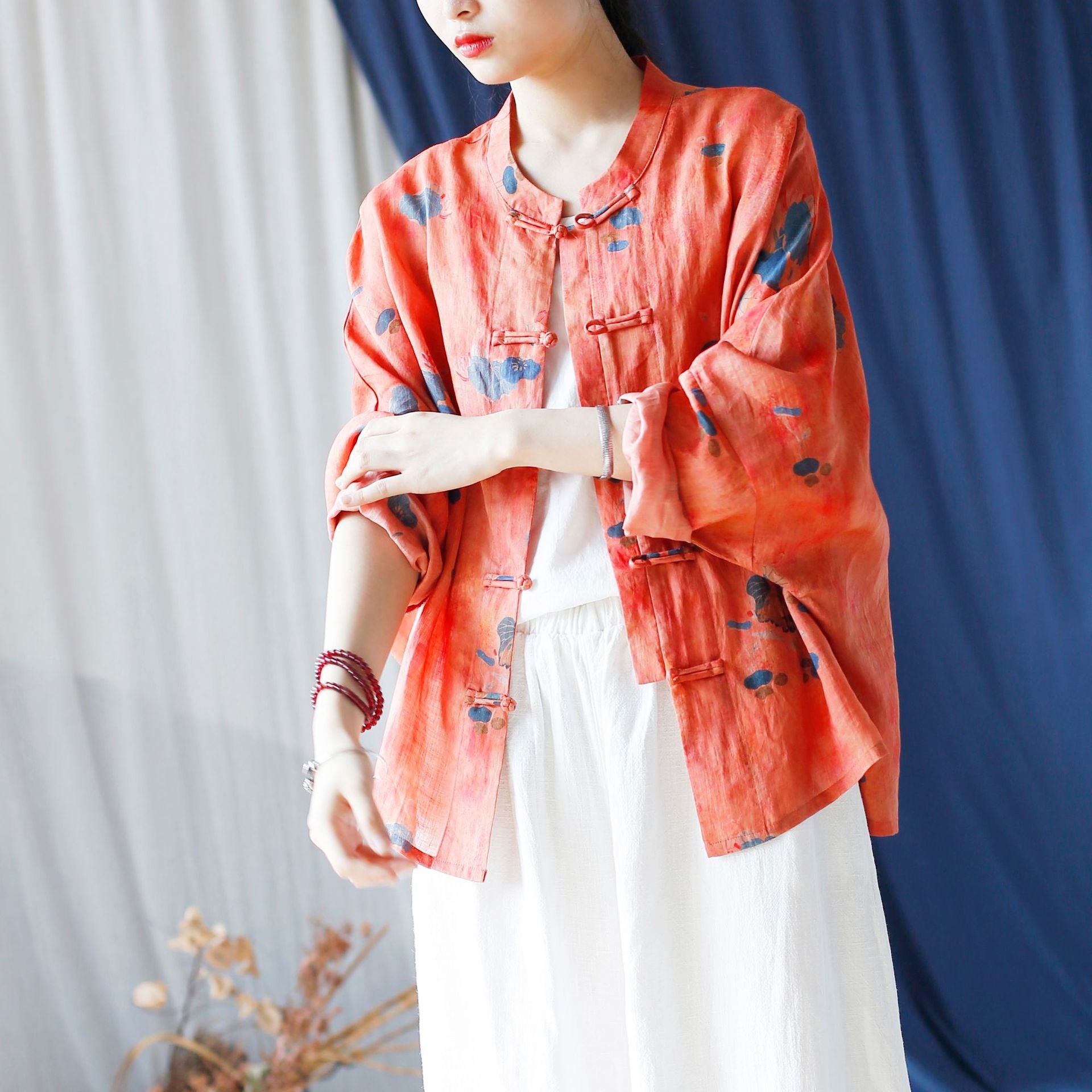 Printed Standing Collar Women Ramie Frog Button Shirt, Summer Vintage Loose Light Cardigan Plus size 20240802