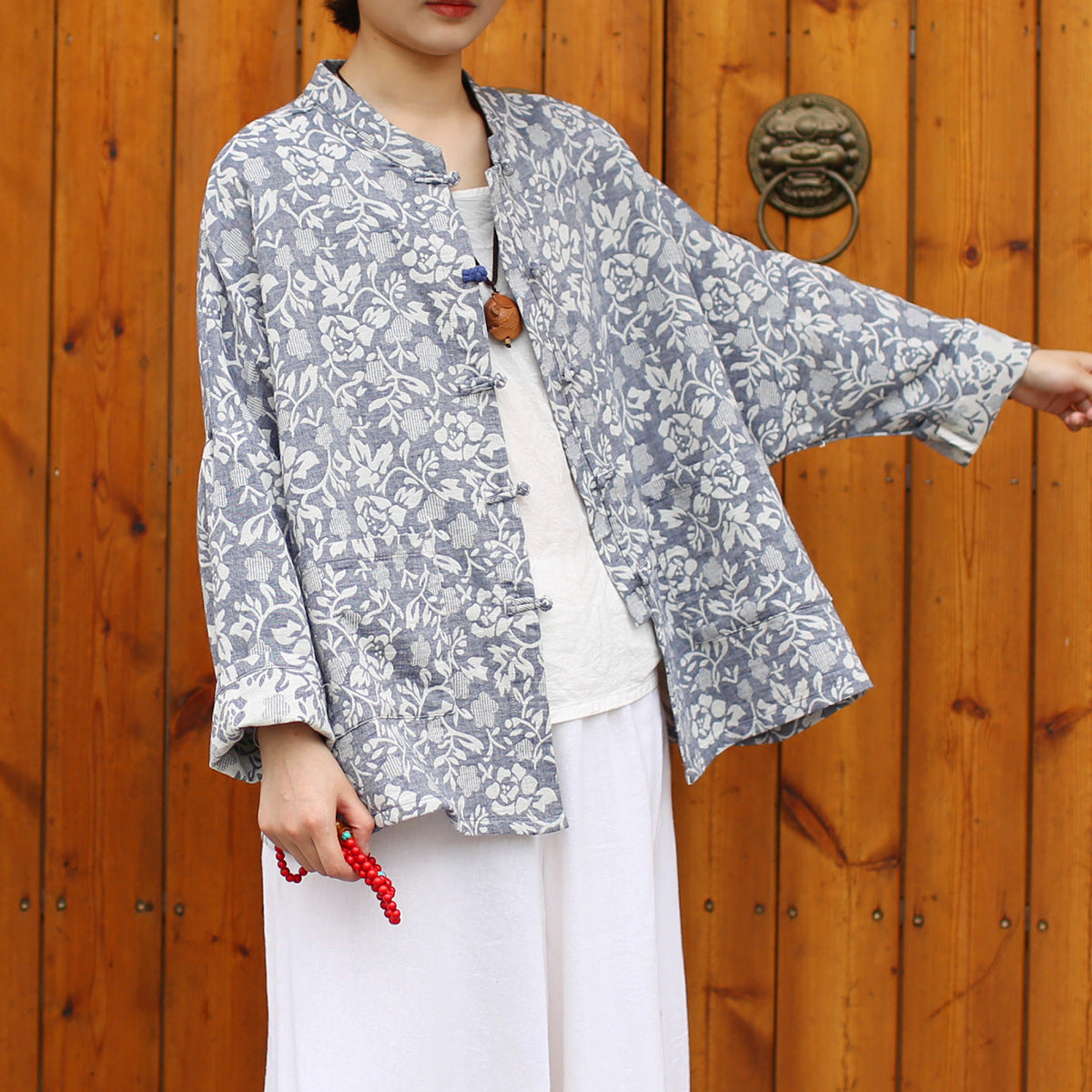 Vintage Chinese Standing Collar Loose Frog Button Shirt,  Printed  flower Cotton  Linen Jacket 20250408