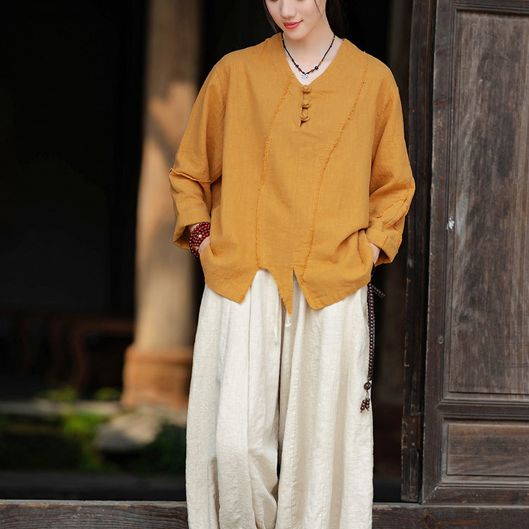 Woman Vintage Chinese Long Sleeve Cotton Linen Shirt with Embroidery V-Neck Loose Top 20240920