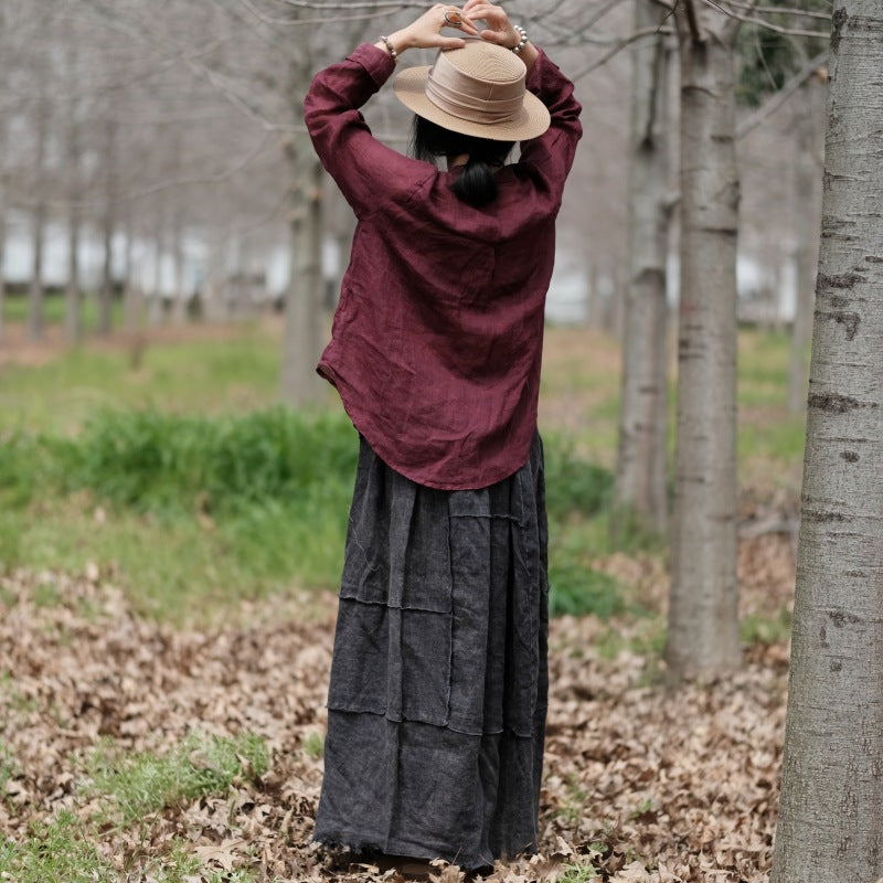 Red linen shirt, summer linen shirt, vintage Chinese loose casual shirt