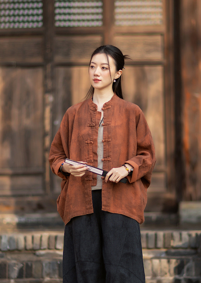 2026 Spring New Arrival: Original Cotton-Ramie Shirt for Women, Vintage Stand-Up Collar Ombré Chinese-Style Wrap-Front Cardigan