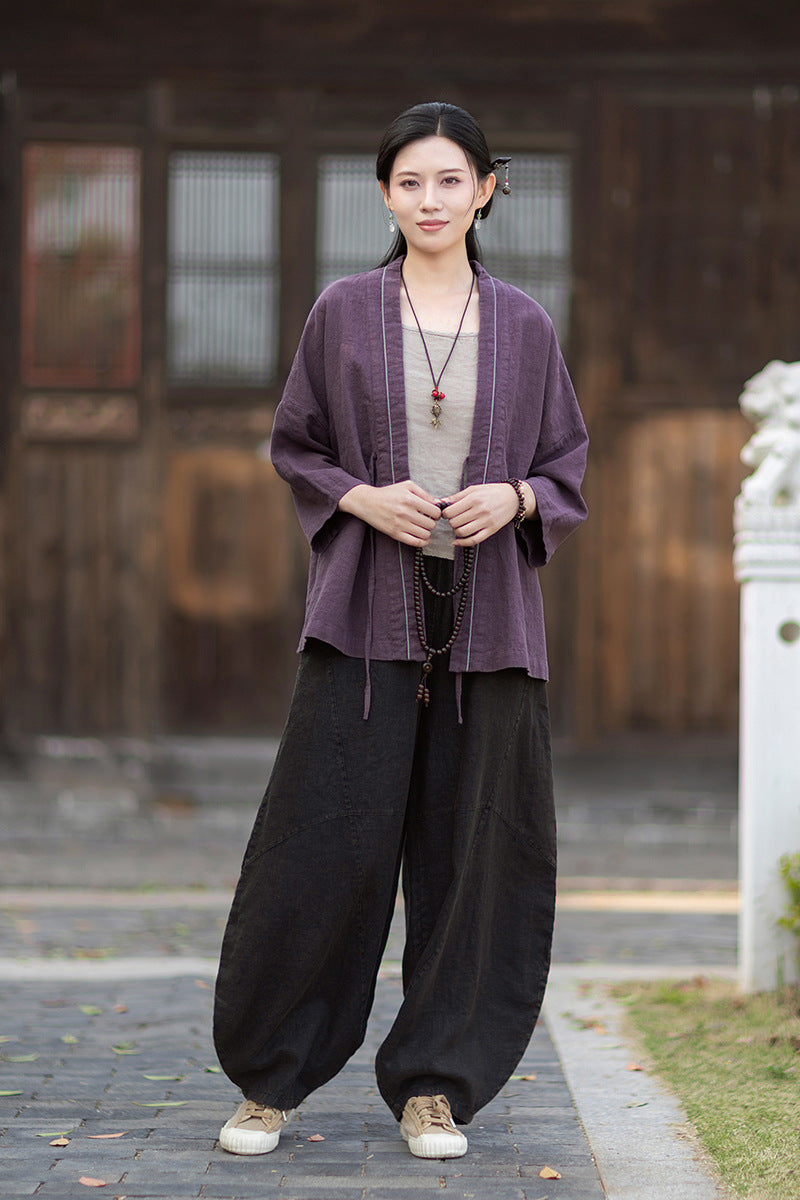 New Cotton-Linen Women's Vintage Zen-Inspired Ramie Tapered-Sleeve Tie-Front Cardigan, Loose-Fit Chinese-Style Jacket 20260511