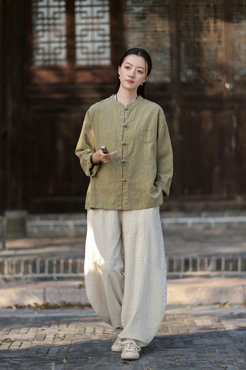 2026 Spring Cotton-Linen Women's New Chinese-Style Ramie Blouse, Loose-Fitting Cotton-Linen Button-Down Shirt with Chinese-Style Buttons, Modernized Tang-Style Jacket