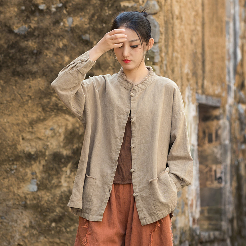 Vintage summer Chinese long sleeve shirt, cotton and linen washed and brushed frog button shirt 20250604